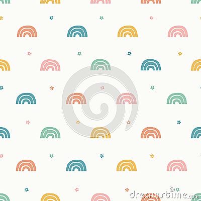 Rainbow pattern design, cute vector seamless repeat background of colourful rainbows and stars. Ideal for child and baby Vector Illustration