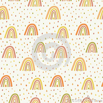 Rainbows and raindrops seamless pattern in orange and yellow . Vector Illustration