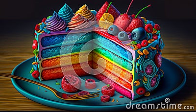 A rainbow piece of cake, colorful and looking delicious Stock Photo