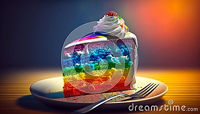 A rainbow piece of cake, colorful and looking delicious Stock Photo