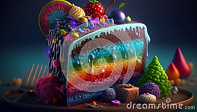 A rainbow piece of cake, colorful and looking delicious Stock Photo