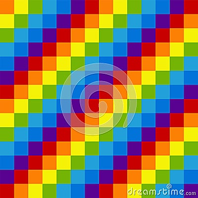 Rainbow pixel seamless pattern. Alternating colored diagonal squares. Bright festive background for decorations or packaging. Mod Stock Photo