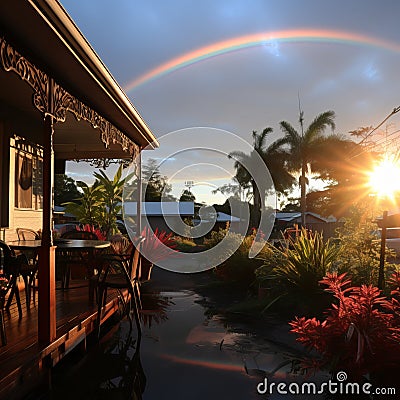 Rainbow after the rain over the house. A beautiful piece of land with flowers and paths during a rainy day Stock Photo