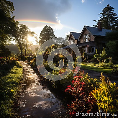 Rainbow after the rain over the house. A beautiful piece of land with flowers and paths during a rainy day Stock Photo