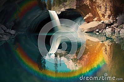 rainbow reflected in the calm pool of water at the bottom of a waterfall Stock Photo
