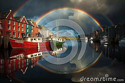 a rainbow reflected over a river, with boats in tow Stock Photo