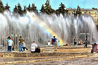 Rainbow reflected in the spray of the fountain Stock Photo