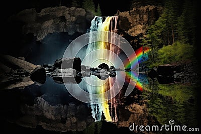 rainbow reflected in the water of a peaceful waterfall Stock Photo