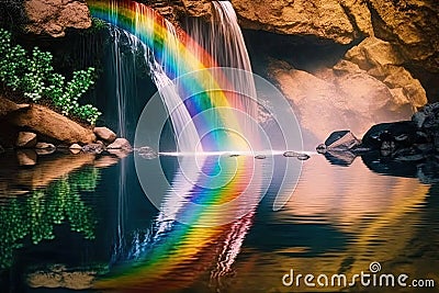 rainbow reflected in the water of a peaceful waterfall Stock Photo