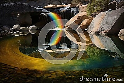 a rainbow reflected in the water of a peaceful waterfall Stock Photo