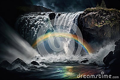 rainbow reflected in the water of a rushing waterfall Stock Photo