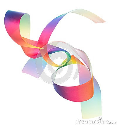 Rainbow ribbon long straight fly in air with curve roll shiny. Rainbow lgbt ribbon for present gift birthday party to wrap around Stock Photo