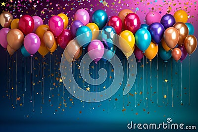 Rainbow Riot: A Burst of Colorful Balloons Against a Blue Sky Stock Photo