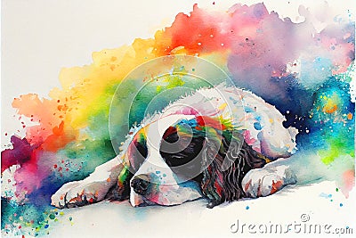 The Rainbow Road, old dog that has passed on sleeping on a cloud in the sky Stock Photo