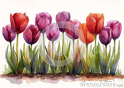 Rainbow Rows: A Vibrant Illustration of Tulips in Mottled Hues Cartoon Illustration