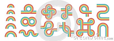 Rainbow 70s. Retro geometric arc. Vintage iridescent arch and knots. Groovy striped design poster lgbt elements Vector Illustration