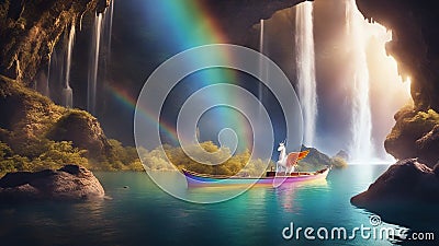 rainbow in the sea Fantasy A rainbow boat with a unicorn , gliding over a waterfall of rainbows, Stock Photo