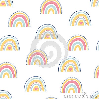 Rainbow seamless pattern. Unique hand drawn rainbow texture. Cute kid nursery background in pastel colors. Baby shower Vector Illustration