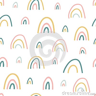 Rainbow seamless pattern. Unique hand drawn rainbow texture. Cute kids nursery background in pastel colors. Baby shower Vector Illustration