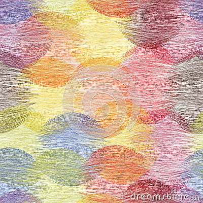 Rainbow seamless stain pattern with rows of grunge striped intersecting colorful round elements on white backdround Vector Illustration