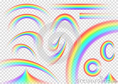 Rainbow set on transparent background. Realistic rain arch Vector Illustration