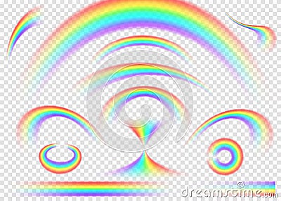 Rainbow set on transparent background. Realistic rain arch Vector Illustration