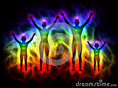 Rainbow silhouette with aura and chakras - family Stock Photo