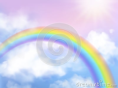 Rainbow sky. Fantasy heaven landscape rainbow in white clouds iridescent girly unicorn vector background Vector Illustration