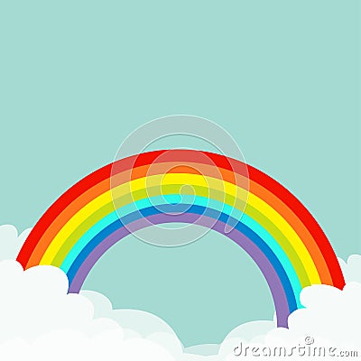 Rainbow in the sky. Fluffy cloud in corners. Cloudshape. Cloudy weather. LGBT gay symbol sign. Flat design. Blue background. Isola Vector Illustration