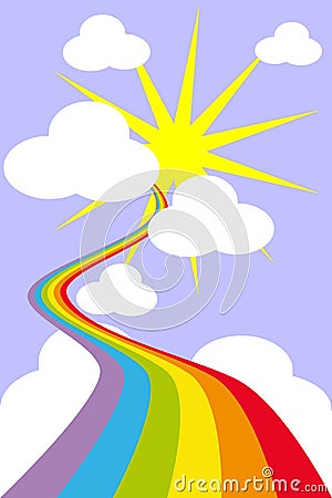 Rainbow in the sky with sun and clouds Vector Illustration