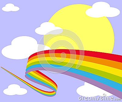 Rainbow in the sky with sun and clouds Vector Illustration