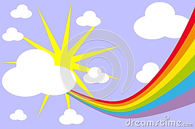 Rainbow in the sky with sun and clouds Vector Illustration