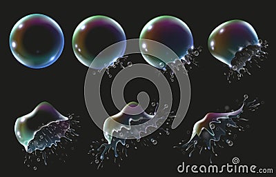 Rainbow soap bubbles explosion animation. Bubble explodes into soapy splattering, iridescent sphere burst slow motion Vector Illustration