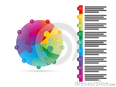 Rainbow spectrum colored nine sided arrow puzzle presentation infographic vector graphic template with explanatory text field Vector Illustration