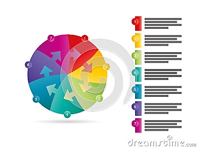 Rainbow spectrum colored seven sided arrow puzzle presentation infographic vector graphic template with explanatory text field Vector Illustration