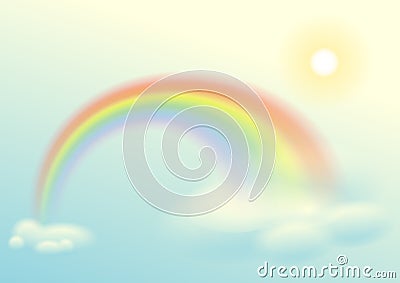 Rainbow, sun and clouds sky Vector Illustration