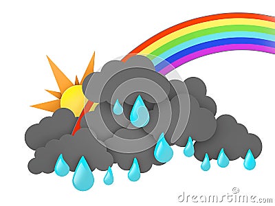 Rainbow, Sun and Rainclouds with drops on white background. 3d illustration Cartoon Illustration