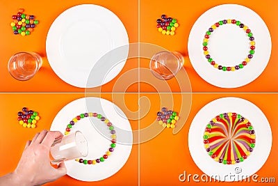 Rainbow swirl made from fruit-flavored colorful candy. Step by step photo instruction Stock Photo