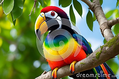 Rainbow toucan witting on the tree close up colorful. Generative AI Stock Photo