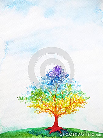 Rainbow tree color colorful watercolor painting illustration Cartoon Illustration