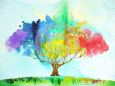 Rainbow tree color colorful watercolor painting illustration Cartoon Illustration