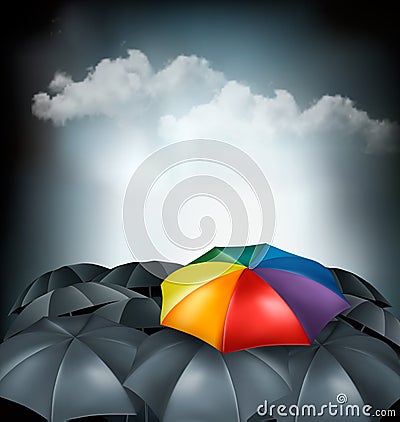 A rainbow umbrella amongst grey ones. Uniqueness concept. Vector Illustration