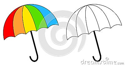 Rainbow umbrella colorful and black and white. Coloring book page for children. Colored and outline vector illustration isolated Vector Illustration