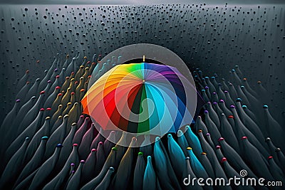 A rainbow umbrella surrounded by a sea of colorfully tipped tentacles. Stock Photo