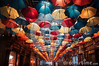 A rainbow of umbrellas, hung playfully, form a delightful canopy Stock Photo