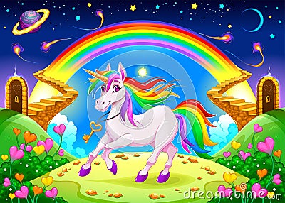 Rainbow unicorn in a fantasy landscape with golden stairs Vector Illustration