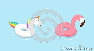 Rainbow unicorn and flamingo float rings. Vector flat hand drawn doodle illustrations. Summer, holidays, vacation beach and pool Vector Illustration