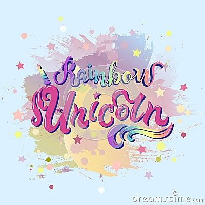 Rainbow Unicorn text isolated on blue background. Stock Photo