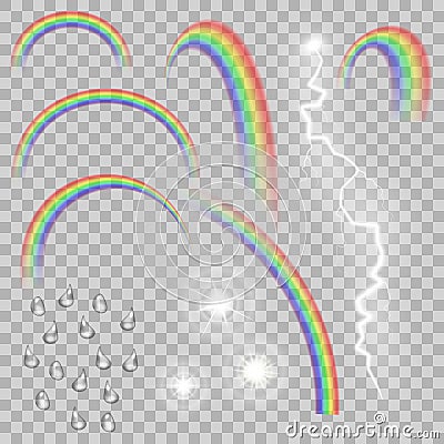 Rainbow water drops lightning and flares set. Realistic weather effects. Vector Illustration