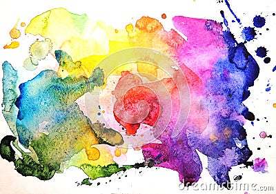 Rainbow watercolor background, bright multicolored splashes Stock Photo